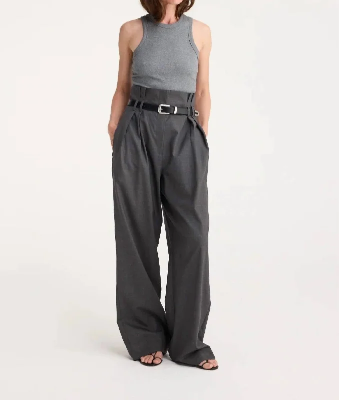 indigo stretch pants -High-Waisted Paperbag Trousers In Dark Grey Melange