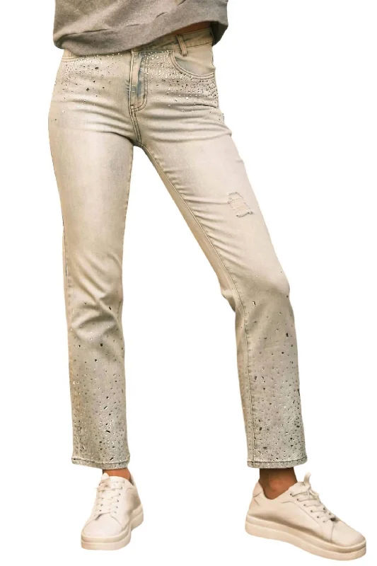 ombre fit pants -High Waisted Rhinestone Embellishment Detail Denim In Light Wash