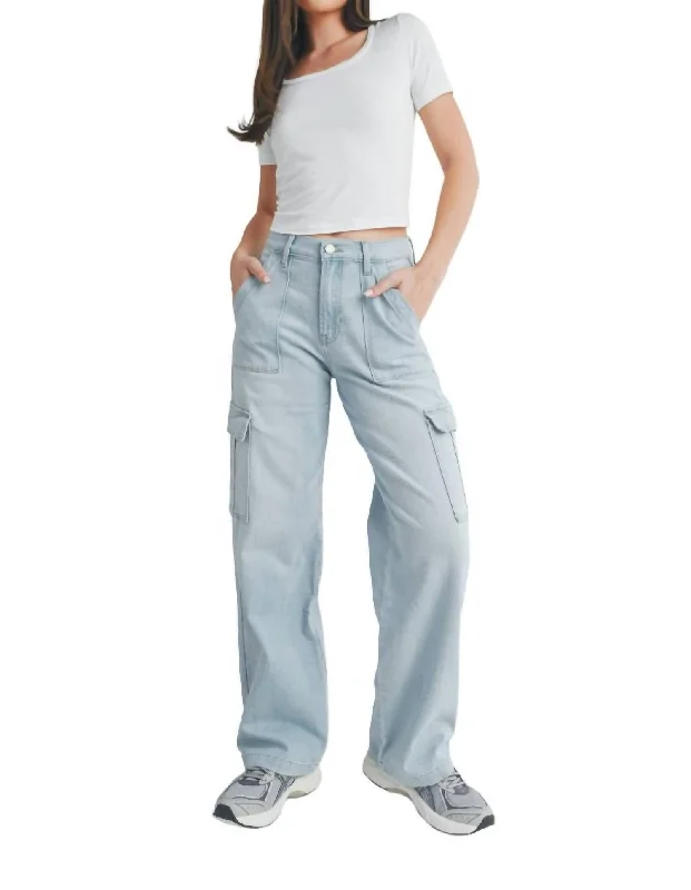 puff stretch pants -Lightweight Stretch Cargo Jeans In Light Denim