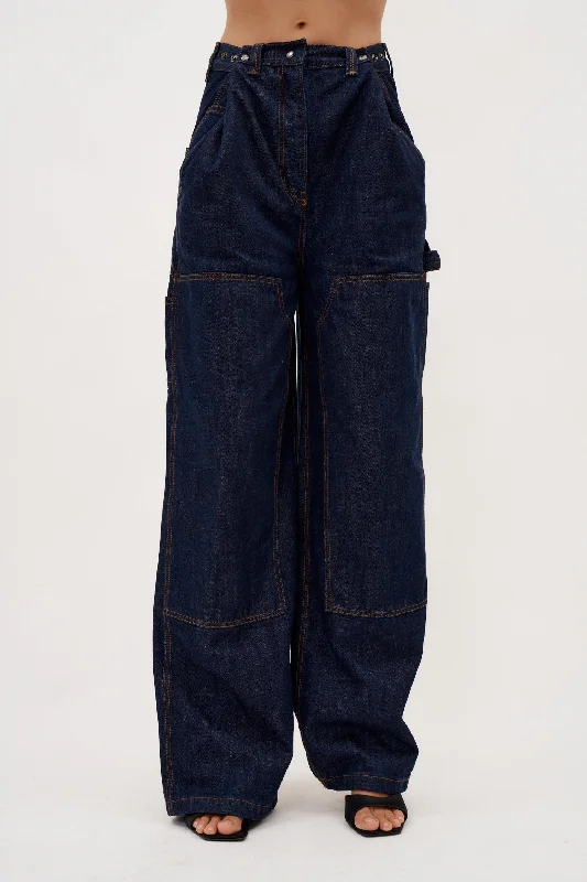 mauve short pants -Loose Leg Industrial Denim Navy Pants