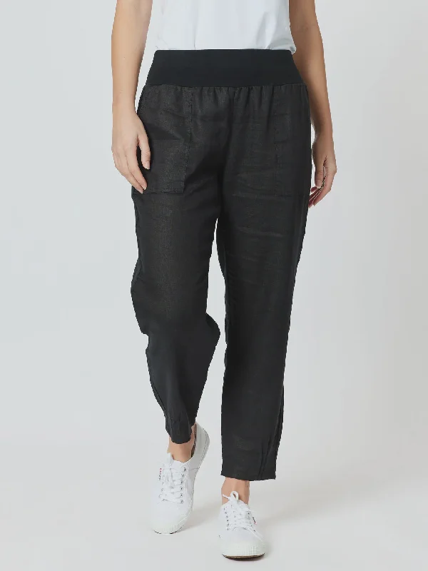 navy durable pants -Sarah Rib Black Waist Linen Pant