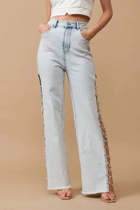 ecru glow pants -Stretch Denim Jeans With Side Jewel Trim In Light Wash