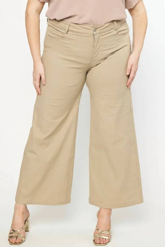 denim stretch pants -Wide Leg Pants - Plus In Tan