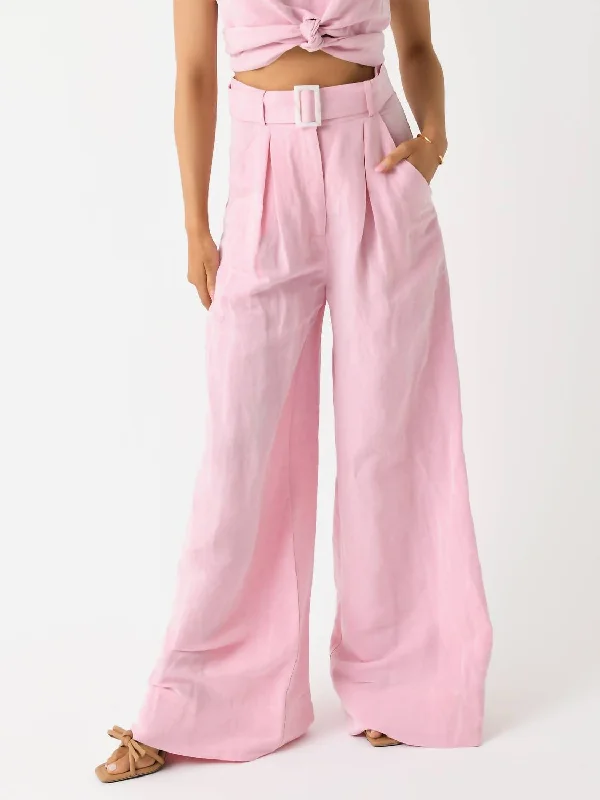 flare bold pants -Wide Leg Pleated Pant In Pink Viscose Linen