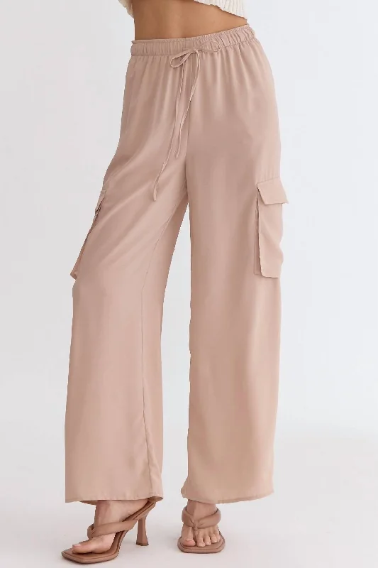 gold line pants -Women's Wide Leg Cargo Pants In Light Taupe